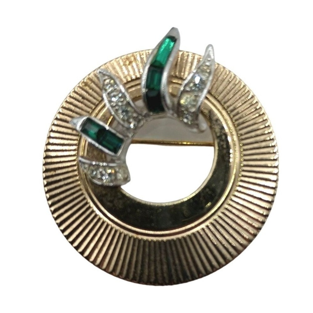 Vintage Boucher Brooch Green Clear Rhinestones Pleated Pin Signed Jewelry